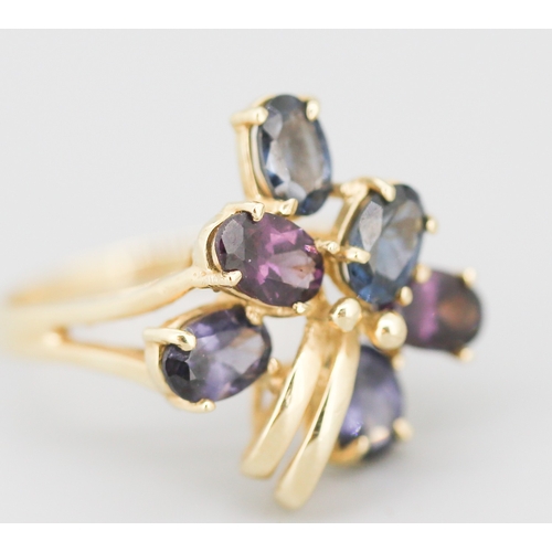 68 - Finely Detailed Iolite Set Floral Spray Cluster Ring Mounted in 9 Carat Yellow Gold Ring Size N