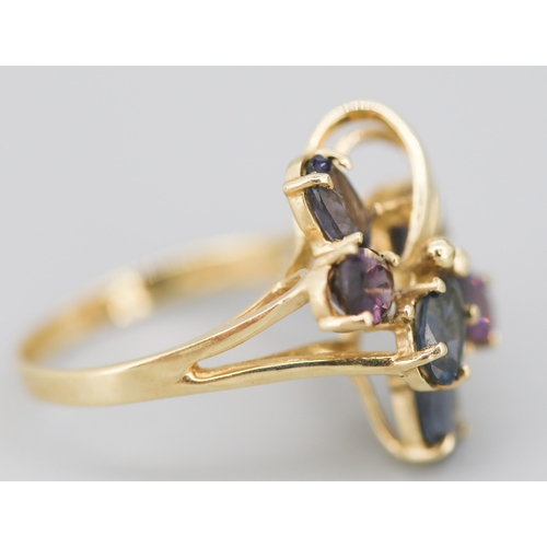 68 - Finely Detailed Iolite Set Floral Spray Cluster Ring Mounted in 9 Carat Yellow Gold Ring Size N
