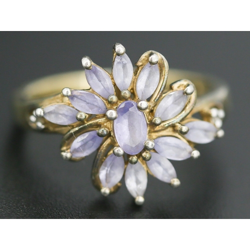 70 - Marquise Cut Pale Tanzanite Set Floral Motif Cluster Ring Mounted in 9 Carat Yellow Gold Ring Size N... 