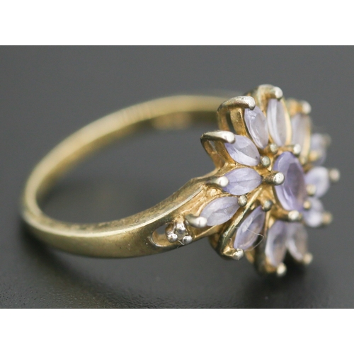 70 - Marquise Cut Pale Tanzanite Set Floral Motif Cluster Ring Mounted in 9 Carat Yellow Gold Ring Size N... 