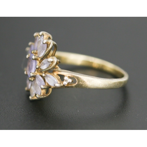 70 - Marquise Cut Pale Tanzanite Set Floral Motif Cluster Ring Mounted in 9 Carat Yellow Gold Ring Size N... 