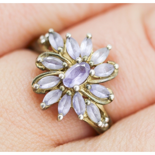 70 - Marquise Cut Pale Tanzanite Set Floral Motif Cluster Ring Mounted in 9 Carat Yellow Gold Ring Size N... 