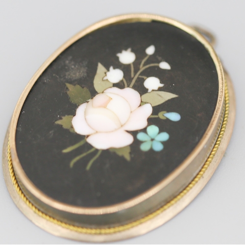 80 - Pietra Dura Mosaic Floral Motif Framed Pendant Circa 1860 4cm High