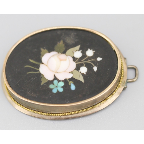 80 - Pietra Dura Mosaic Floral Motif Framed Pendant Circa 1860 4cm High