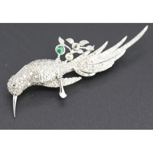 81 - Finely Detailed Diamond Cluster Set Exotic Bird Motif Brooch with Further Polished Emerald Inset Mou... 