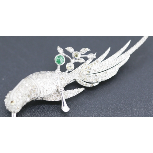 81 - Finely Detailed Diamond Cluster Set Exotic Bird Motif Brooch with Further Polished Emerald Inset Mou... 