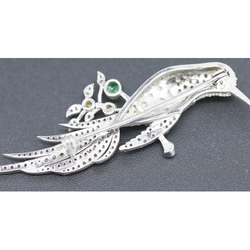 81 - Finely Detailed Diamond Cluster Set Exotic Bird Motif Brooch with Further Polished Emerald Inset Mou... 