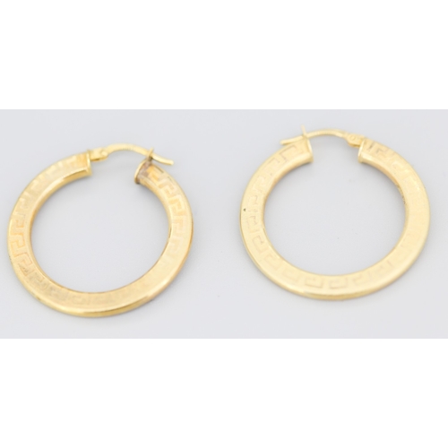 83 - Pair of 9 Carat Yellow Gold Greek Key Motif Hoop Earrings 3cm