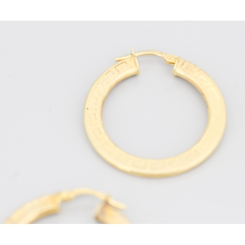 83 - Pair of 9 Carat Yellow Gold Greek Key Motif Hoop Earrings 3cm