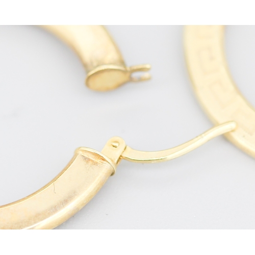 83 - Pair of 9 Carat Yellow Gold Greek Key Motif Hoop Earrings 3cm