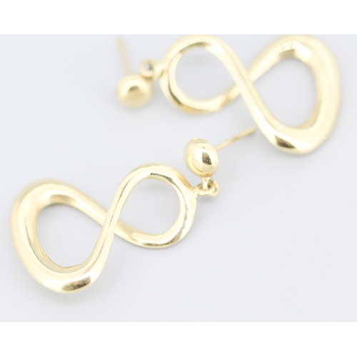 85 - Pair of 9 Carat Yellow Gold Infinity Hoop Drop Earrings 3cm Drop