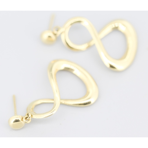 85 - Pair of 9 Carat Yellow Gold Infinity Hoop Drop Earrings 3cm Drop