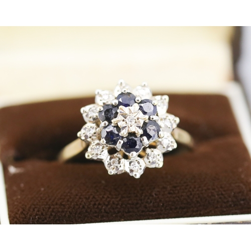 87 - Sapphire and Diamond Set Cluster Ring Mounted in 9 Carat Yellow Gold Ring Size T