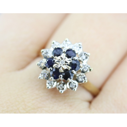 87 - Sapphire and Diamond Set Cluster Ring Mounted in 9 Carat Yellow Gold Ring Size T