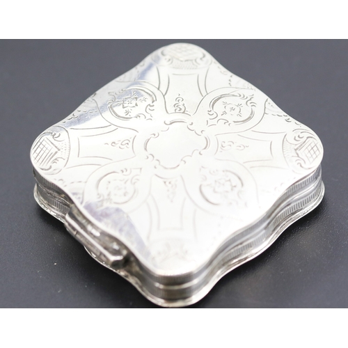 88 - Silver Cushion Form Pill Box Incised Detail Hinged Cover 4.5cm by 4.5cm