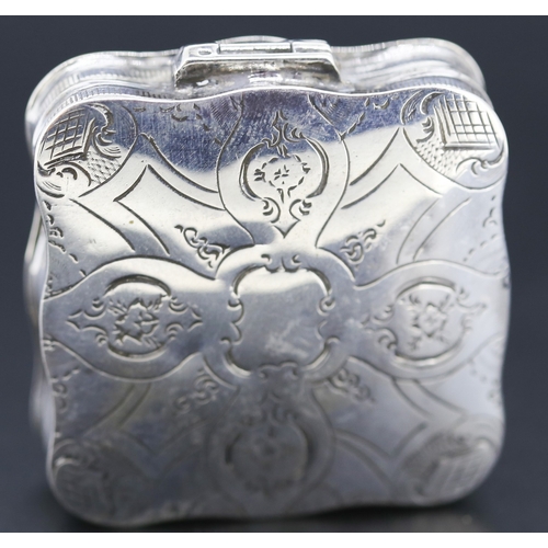88 - Silver Cushion Form Pill Box Incised Detail Hinged Cover 4.5cm by 4.5cm