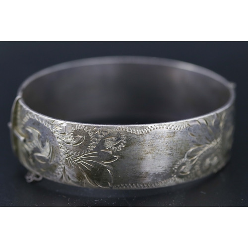 96 - Silver Bangle Bracelet Incised Detail Inner Width 6cm