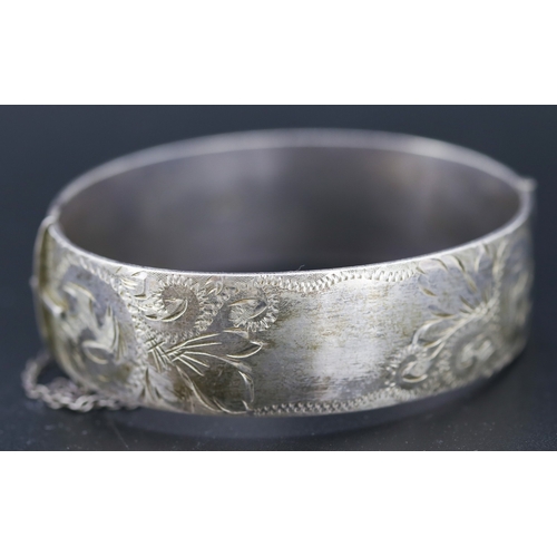 96 - Silver Bangle Bracelet Incised Detail Inner Width 6cm
