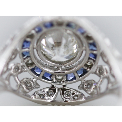 11 - Finely Detailed Diamond Centre Stone Ring with Sapphire and Diamond Set Cluster Surround Floral Moti... 