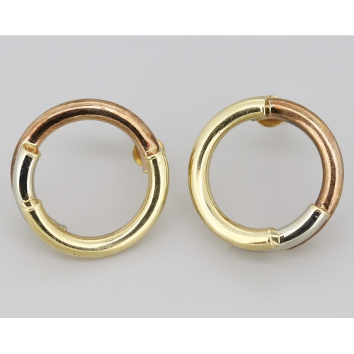 Pair of Unusual Circular Form Tri Gold 9 Carat Yellow Rose and White Gold Earrings 2cm Diameter