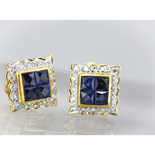 15 - Pair of Finely Detailed Sapphire Four Stone Set Earrings with Diamond Set Surround Mounted in 18 Car... 