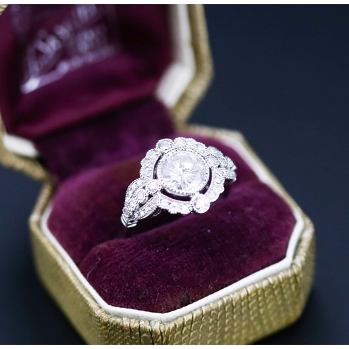 20 - Finely Detailed Diamond Centre Stone Ring with Diamond Set Cluster Surround Mounted in Platinum Cent... 