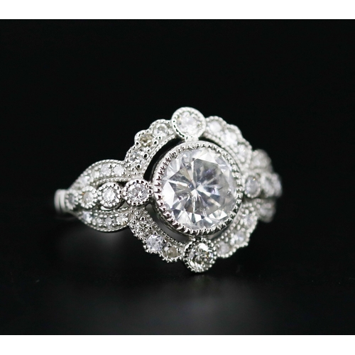 20 - Finely Detailed Diamond Centre Stone Ring with Diamond Set Cluster Surround Mounted in Platinum Cent... 