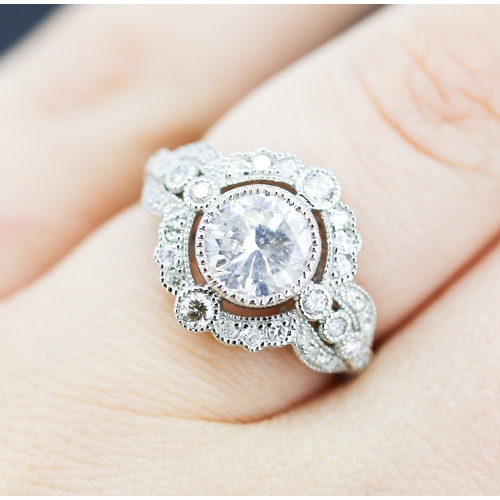 20 - Finely Detailed Diamond Centre Stone Ring with Diamond Set Cluster Surround Mounted in Platinum Cent... 