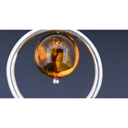 21 - Amber Set Globe Drop Pendant Mounted in Silver 5cm Diameter Set on Silver Chain 42cm Long