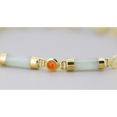 22 - Attractively Detailed Jade Bar Set Bracelet with Further Carnelian Insets Mounted in 14 Carat Yellow... 