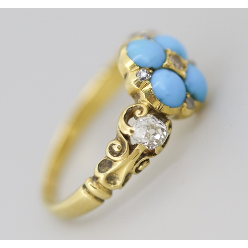 24 - Finely Detailed Turquoise and Old Cut Diamond Set Cluster Ring Mounted in 18 Carat Yellow Gold Ring ... 