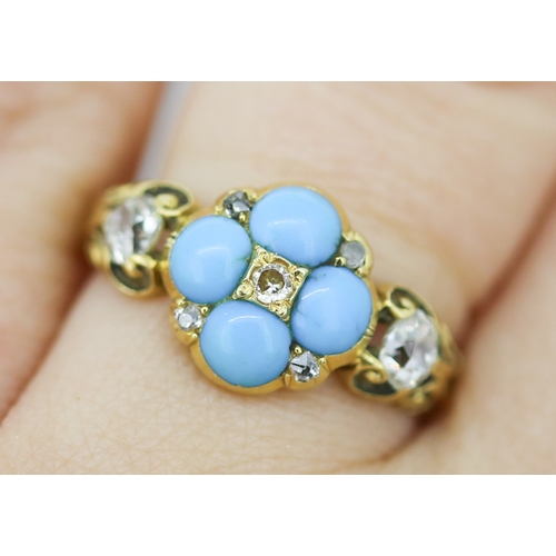 24 - Finely Detailed Turquoise and Old Cut Diamond Set Cluster Ring Mounted in 18 Carat Yellow Gold Ring ... 