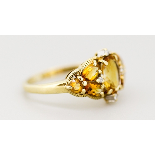 33 - Finely Detailed Citrine Cluster Set Ring with Further Diamond Insets Mounted in 9 Carat Yellow Gold ... 