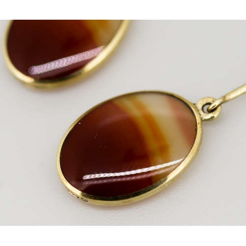 36 - Pair of Attractively Detailed Bezel Set Agate Drop Earrings Mounted in 9 Carat Yellow Gold 4cm Drop