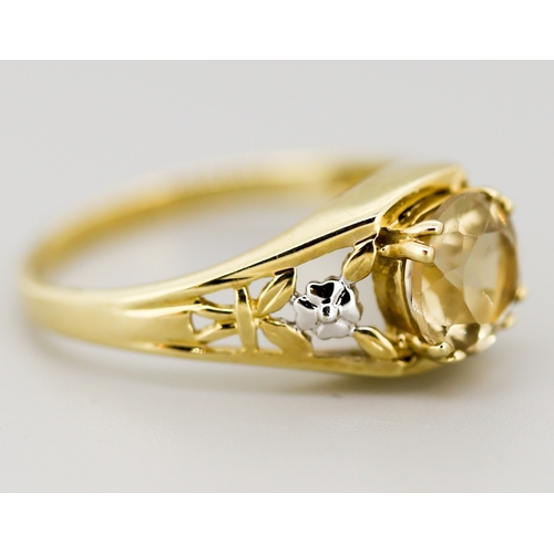 37 - Citrine Set Single Stone Ring with Floral Motifs to Shoulders Mounted in 9 Carat Yellow Gold Ring Si... 