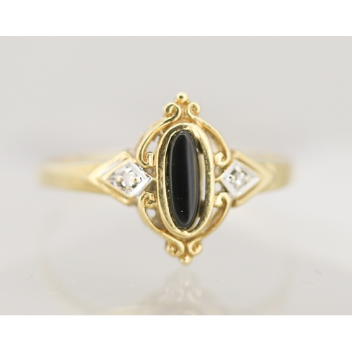 38 - Attractively Detailed Onyx Set Ring with Further Diamond Inset Mounted in 9 Carat Yellow Gold Ring S... 
