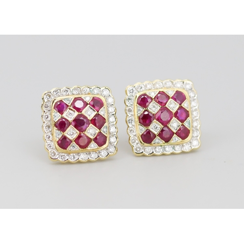 44 - Pair of Finely Detailed Ruby Nine Stone and Diamond Set Cluster Earrings Mounted in 18 Carat Yellow ... 