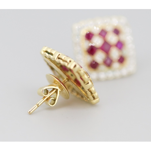 44 - Pair of Finely Detailed Ruby Nine Stone and Diamond Set Cluster Earrings Mounted in 18 Carat Yellow ... 