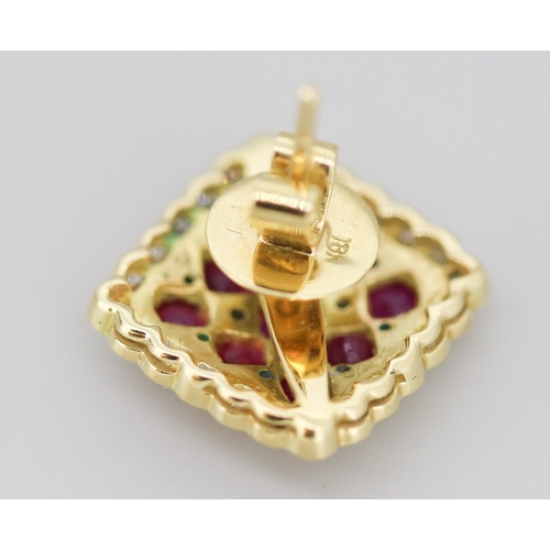 44 - Pair of Finely Detailed Ruby Nine Stone and Diamond Set Cluster Earrings Mounted in 18 Carat Yellow ... 