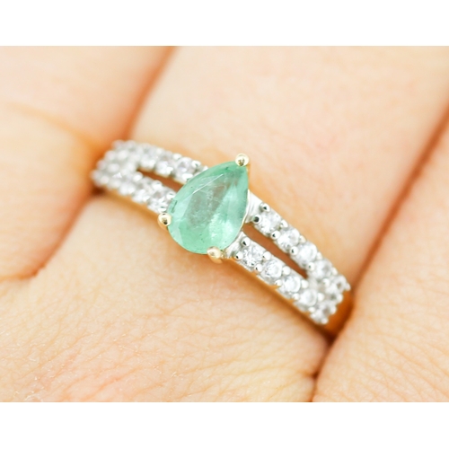 45 - Pear Cut Emerald Set Ring with Two Row Gemset Cluster Set Shoulders Mounted in 10 Carat Yellow Gold ... 