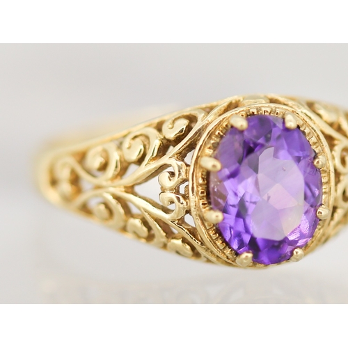 46 - Finely Detailed Amethyst Single Stone Set Ring Filigree Motifs Mounted in 9 Carat Yellow Gold Ring S... 