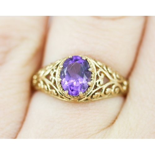 46 - Finely Detailed Amethyst Single Stone Set Ring Filigree Motifs Mounted in 9 Carat Yellow Gold Ring S... 