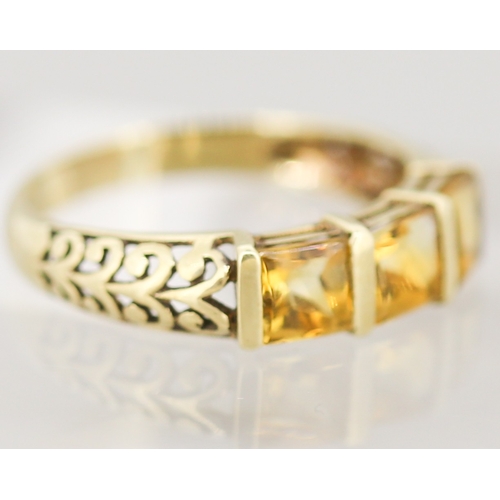 51 - Citrine Princess Cut Three Stone Ring with Filigree Motifs to Shoulders Mounted in 9 Carat Yellow Go... 
