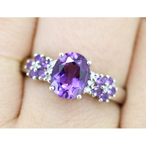 52 - Finely Detailed Amethyst Set Cluster Ring with Further Diamond Insets Mounted in 9 Carat White Gold ... 