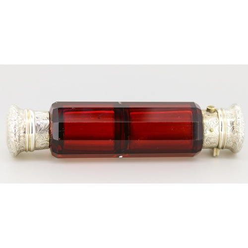 53 - Attractively Detailed Victorian Garnet Glass Double Sided Perfume Bottle with Engraved Silver Caps 1... 