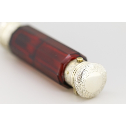 53 - Attractively Detailed Victorian Garnet Glass Double Sided Perfume Bottle with Engraved Silver Caps 1... 