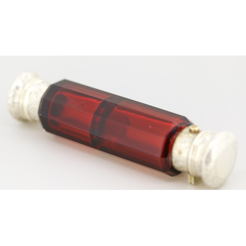 53 - Attractively Detailed Victorian Garnet Glass Double Sided Perfume Bottle with Engraved Silver Caps 1... 