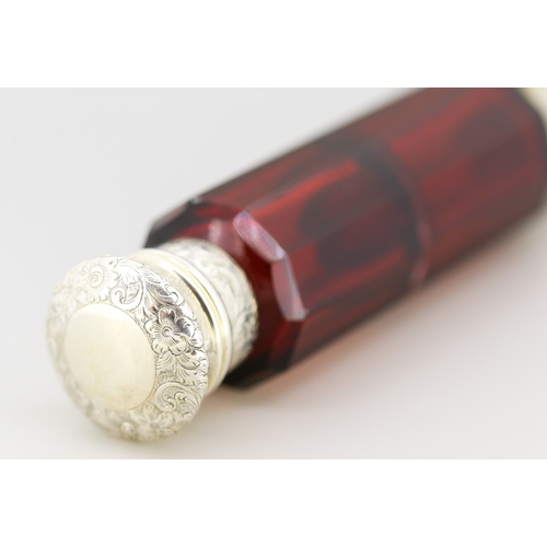 53 - Attractively Detailed Victorian Garnet Glass Double Sided Perfume Bottle with Engraved Silver Caps 1... 