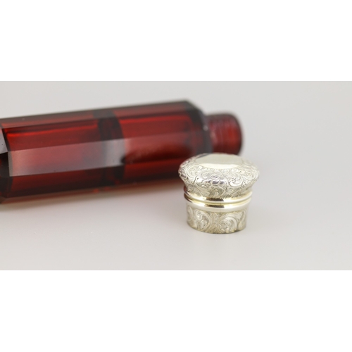 53 - Attractively Detailed Victorian Garnet Glass Double Sided Perfume Bottle with Engraved Silver Caps 1... 