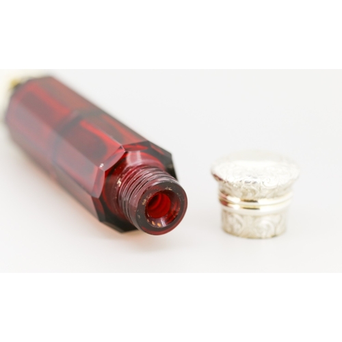 53 - Attractively Detailed Victorian Garnet Glass Double Sided Perfume Bottle with Engraved Silver Caps 1... 